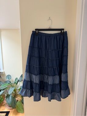 Denim Tiered Midi Skirt